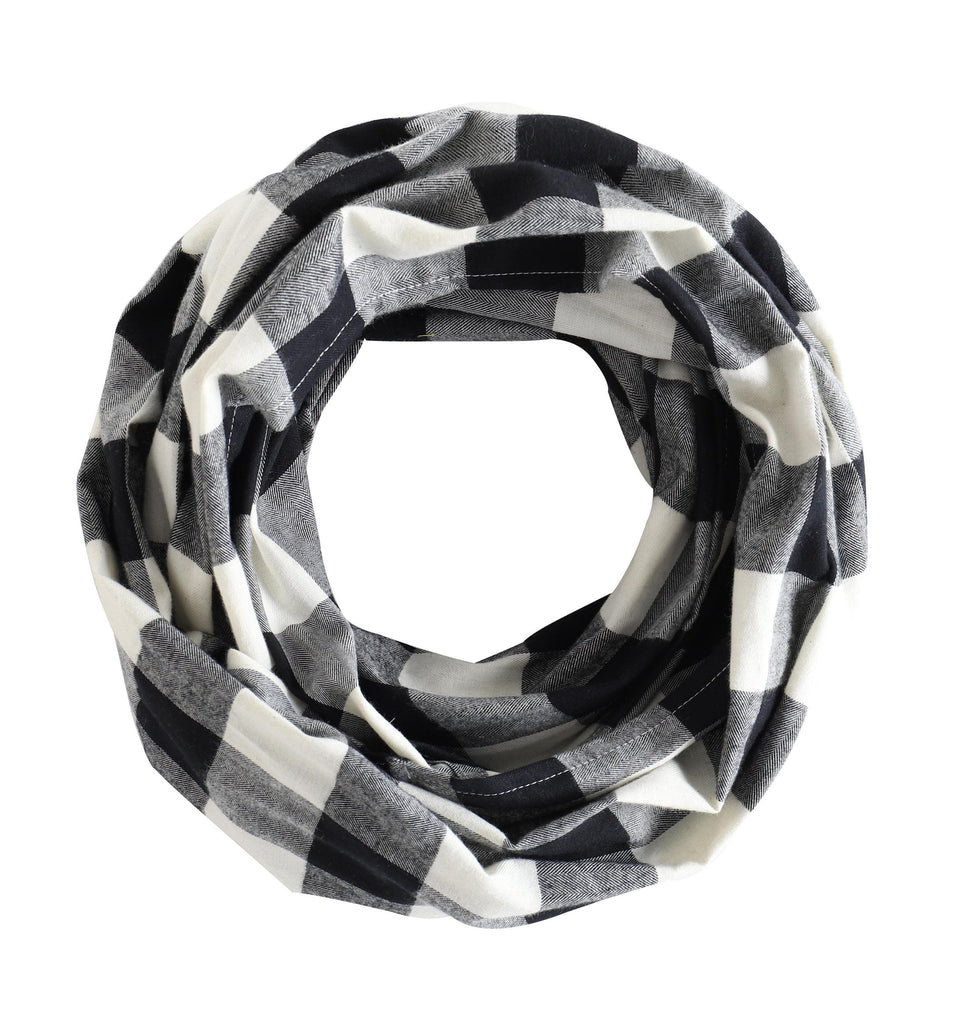 Women Buffalo Plaid Infinity Scarf Black and White (Ivory White), 100% Cotton Flannel Infinity Scarf