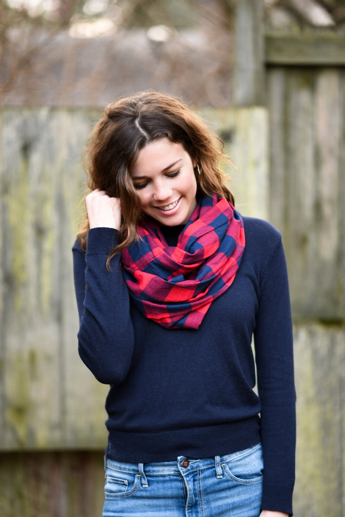 Women Buffalo Plaid Infinity Scarf Red and Navy Blue, 100% Cotton Flannel Infinity Scarf