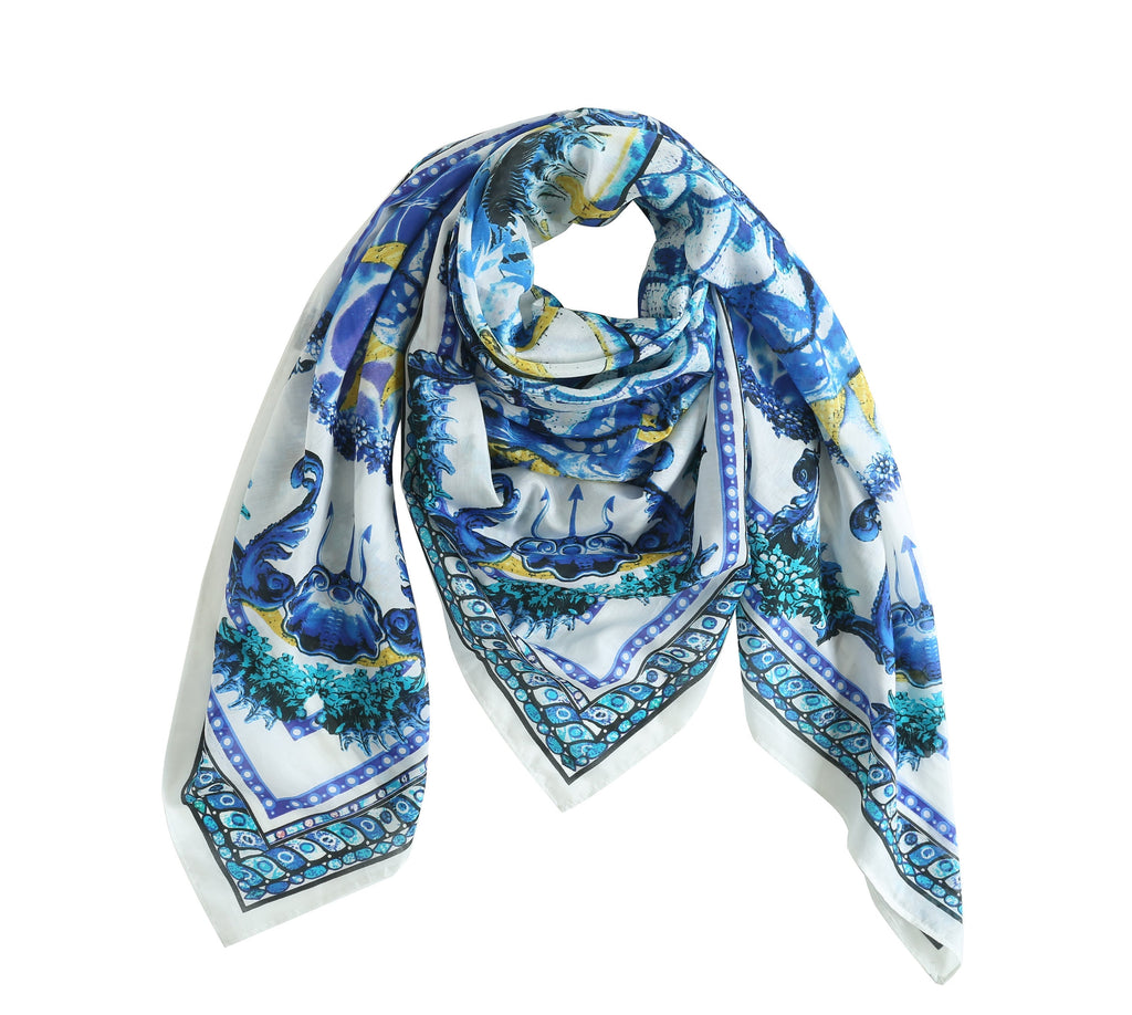 Cotton Silk Oversized Square Scarf Shawl Wrap, Greek God Poseidon Scarf