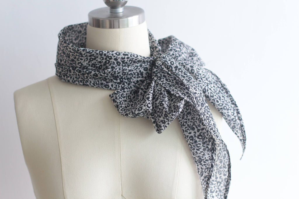 Cotton Silk Skinny Scarf, Black and Light Gray Skinny Scarf, Leopard Print Skinny Scarf