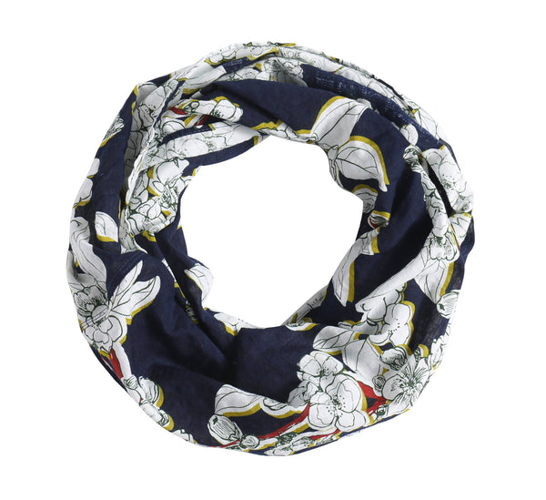 Cotton Blend Floral Print Infinity Scarf, Navy Blue White Floral Print Infinity Scarf