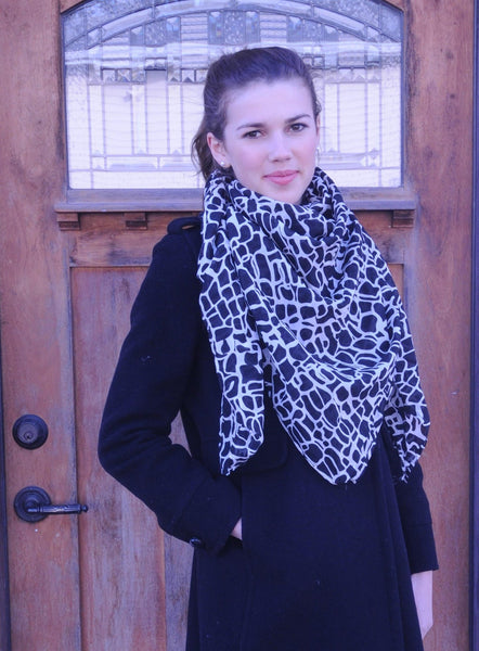 Cotton Silk Oversized Square Scarf Shawl Wrap, Black White Abstract Pattern Cotton Silk Scarf