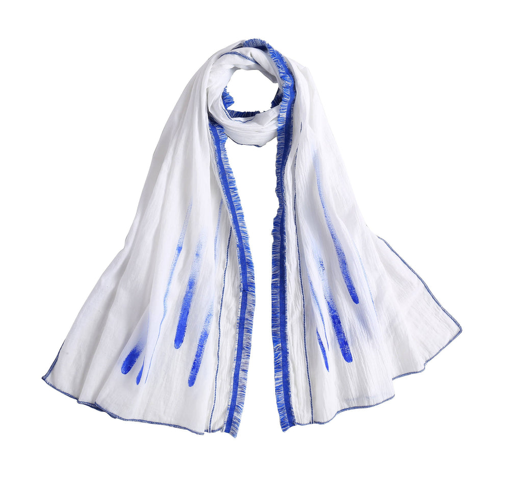 Hand Painted White Cotton Scarf, White Cotton Scarf with Azure Stripe pattern, Spring Summer Scarf