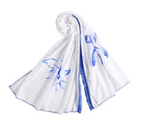 Hand Painted Lightweight White Cotton Scarf, Azure Flower Paint Scarf, Mother's Day Gift