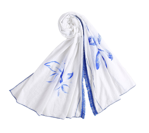 Hand Painted Lightweight White Cotton Scarf, Azure Flower Paint Scarf, Mother's Day Gift