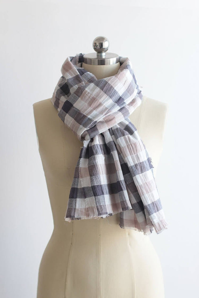 Unisex Gingham Plaid Scarf, 100% Cotton Gingham Plaid Scarf, Brown Gingham Plaid Scarf