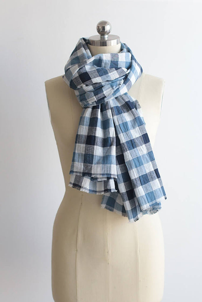 Unisex Gingham Plaid Scarf, 100% Cotton Gingham Plaid Scarf, Blue Gingham Plaid Scarf