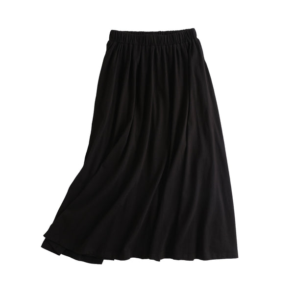 Cotton Midi Skirt, Minimalist Black Midi Skirt with Pockets, High-Waist A Line Flared Midi Skirt, Half Elastic Waist Cotton Knit Skirt