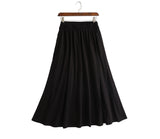 Cotton Midi Skirt, Minimalist Black Midi Skirt with Pockets, High-Waist A Line Flared Midi Skirt, Half Elastic Waist Cotton Knit Skirt