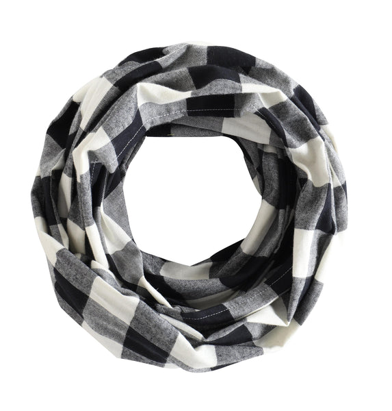 Women Buffalo Plaid Infinity Scarf Black and White (Ivory White), 100% Cotton  Flannel Infinity Scarf