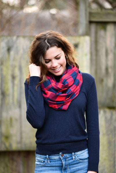 Women Buffalo Plaid Infinity Scarf Red and Navy Blue, 100% Cotton  Flannel Infinity Scarf