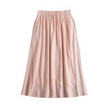 Linen Blend Midi Skirt, Minimalist Pink Midi Skirt with Pockets, Half Elastic Waist A Line Midi Skirt