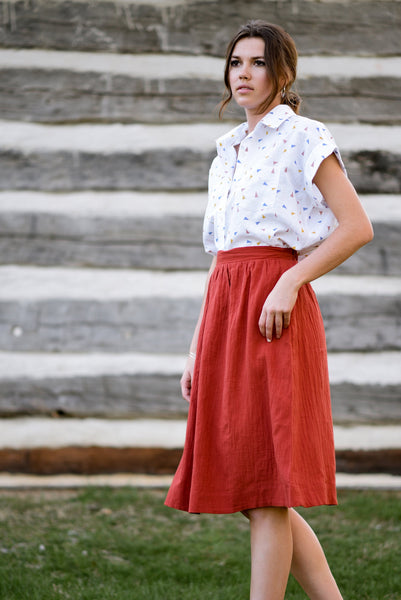 Linen Blend Midi Skirt, Minimalist Orange Midi Skirt with Pockets, Half Elastic Waist A Line Midi Skirt