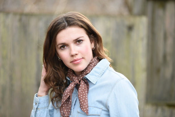 Silk Blend Neckerchief, Brown Silk Cotton Blend Neckerchief with Ladybug Print