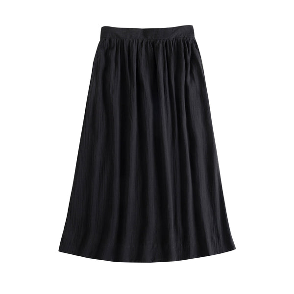Linen Blend Midi Skirt, Minimalist Black Midi Skirt with Pockets, Half Elastic Waist A Line Midi Skirt