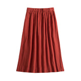 Linen Blend Midi Skirt, Minimalist Orange Midi Skirt with Pockets, Half Elastic Waist A Line Midi Skirt