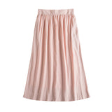 Linen Blend Midi Skirt, Minimalist Pink Midi Skirt with Pockets, Half Elastic Waist A Line Midi Skirt