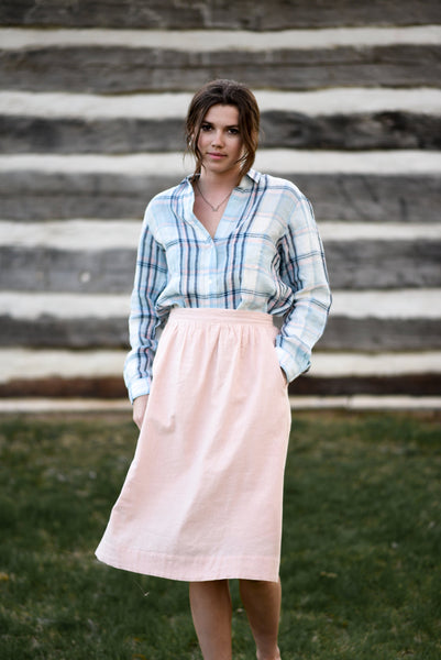 Linen Blend Midi Skirt, Minimalist Pink Midi Skirt with Pockets, Half Elastic Waist A Line Midi Skirt