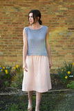 Linen Blend Midi Skirt, Minimalist Pink Midi Skirt with Pockets, Half Elastic Waist A Line Midi Skirt